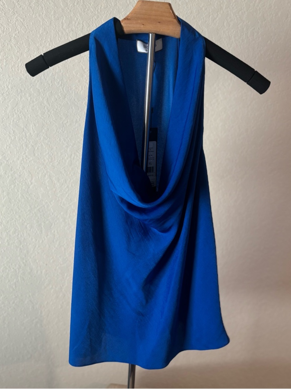BCBG Draped Cowl Neck Halter Top Blue Elegant Dressy Blouse Women’s Medium NWT